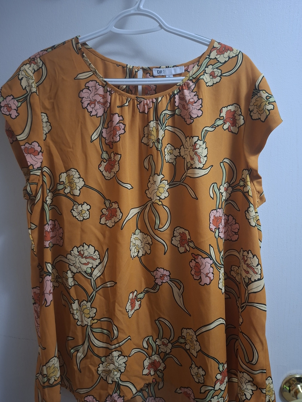 DR2 Mustard Floral Tie-Print Short Sleeve Blouse